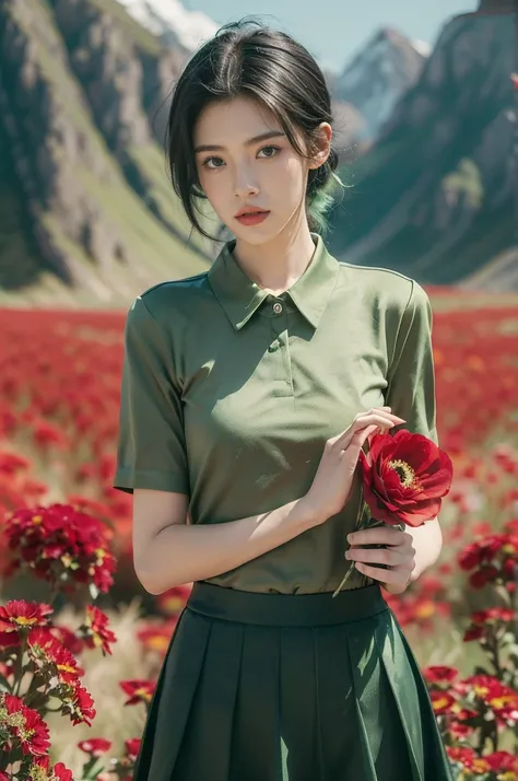 (((best quality))),(((ultra detailed))),(((masterpiece))),illustration,((1 beautiful girl,tomboy,solo)),(short black hair:1.3),((slim,thin)),((small breasts,thin)), vigorous, confident, (light green collared short-sleeved shirt:1.3), (dark green skirt:1.2)...