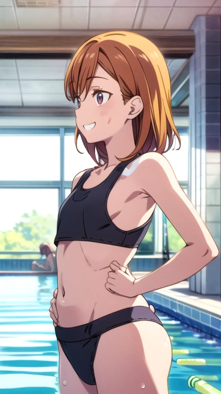 beauty　smile　blush　Brown Skin　Sunburn marks on school swimsuits　Black Bikini　tits　Female organ　濃いPubic hair sticking out　Pubic hair sticking out　Half naked　Underarm　Proudly　Hands on hips　Indoor swimming pool