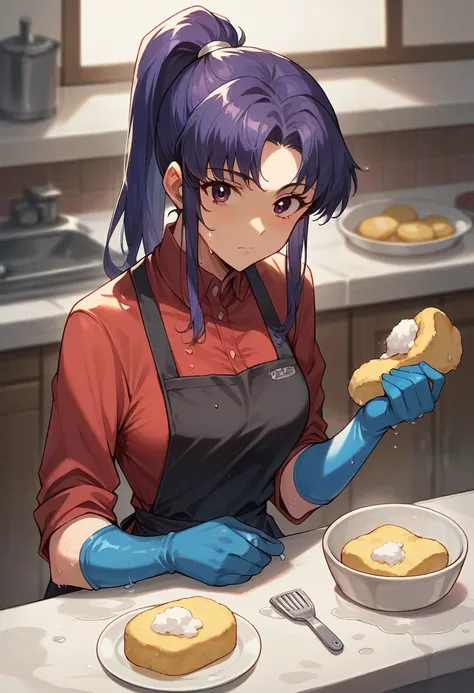 1girl, misato katsuragi, ponytail, ((blue half elbow gloves)), (red shirt), ((long sleeves)), (black apron), (pants), looking at viewer, clean a dishes, sponge, wet gloves, solo
