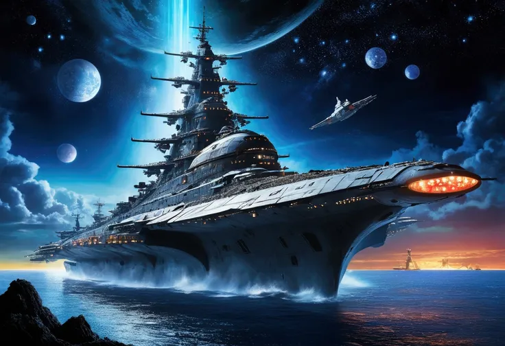 [The space battleship Yamato is floating in a fantastical space environment. The stars are sparkling and a blue light envelops the battleship. The Yamato is adorned with vibrant colors, as if it has come from a dream world. Mysterious lights dance around t...