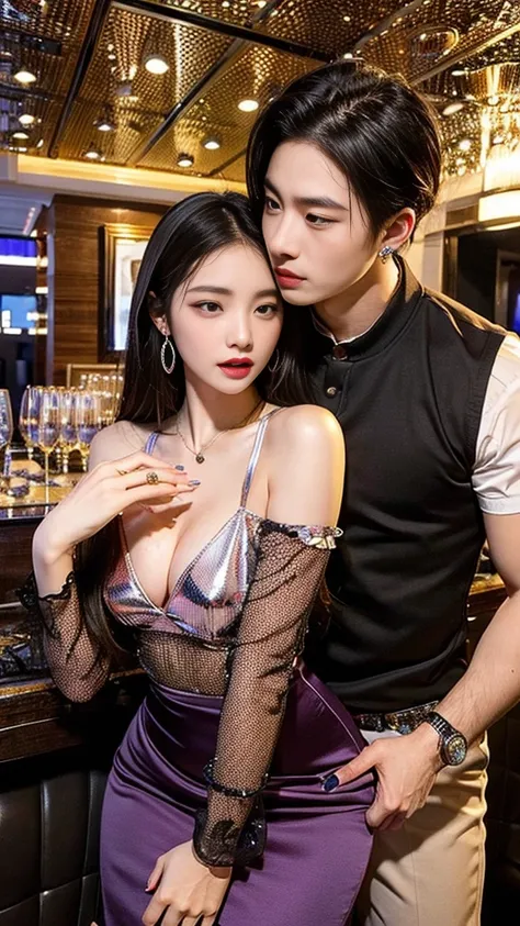 SFW, Highest Quality, realistic, Masterpiece, night club, KTV room, crazy party, sexual entertainment, korea, noisy, unkempt, lewd, erotic, Korean men, The men are rich tycoons, Men enjoy drinking and entertainment as ladies in entertainment establishments...