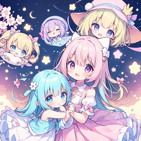 masterpiece, (2girls and 2girls and 2girls and 2girls), idol, closeup, big eyes, kawaiitech, kawaii, cute, pastel colors, best q...