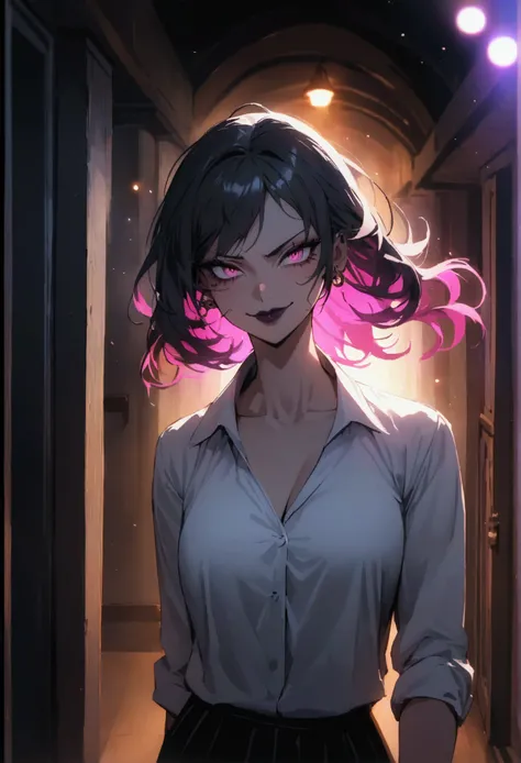 white shirt (((masterpiece, highest quality)), (anime women), demon women, (demon eyes) (old hotel corridor), cinematic lighting (best quality:1.2)detailed, lights, vivid colors,bokeh, angry looking face with smirk on mouth, piercing, ((piercing)), gaze, 4...