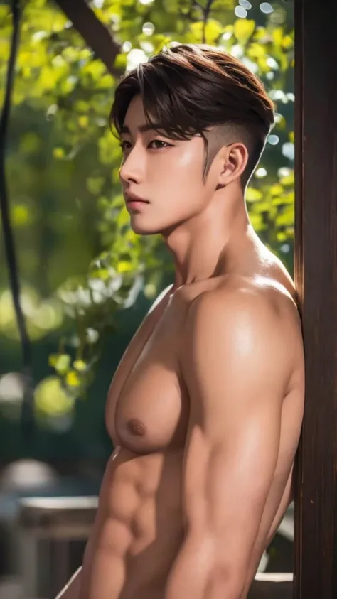 young man topless,Straight face shape,k pop idol,look at viewer,outdoor,beautiful light,deep shadow,best quality,Masterpiece,very high,realistic, brown eye profile,perfect shape, Film texture:1.5, With a summer flower garden as the backdrop., sunlight,Mast...