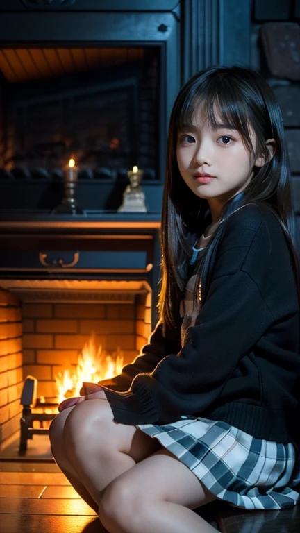 (((10 year old girl))), (((in dark cabin at night))), (((warming herself by fireplace))), Japanese, cute, dark, bobbed hair, (((staring at fireplace with blank expression))), not looking at me, not looking at camera, straight face, not laughing, anxious pr...