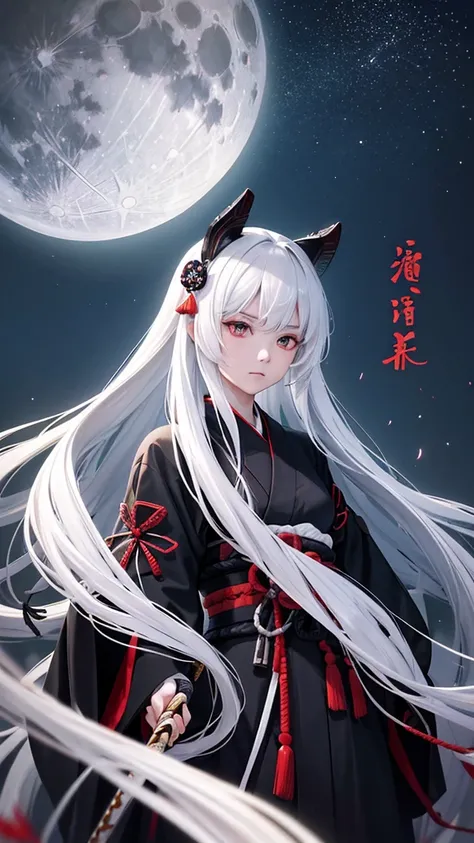 samurai　Men of strange age　Long white hair　Dark atmosphere　return blood　Look down a little　The sword is very long　Her hair is fluttering　I can see the moon　high quality　Old black kimono　Very beautiful down to the last detail