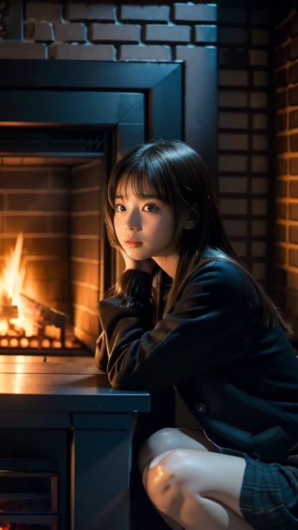 (((10 year old girl))), (((in dark cabin at night))), (((warming herself by fireplace))), Japanese, cute, dark, bobbed hair, (((staring blankly at fireplace))), (((not looking at viewer))), straight face, no smile, uneasy profile, trainers and very short m...