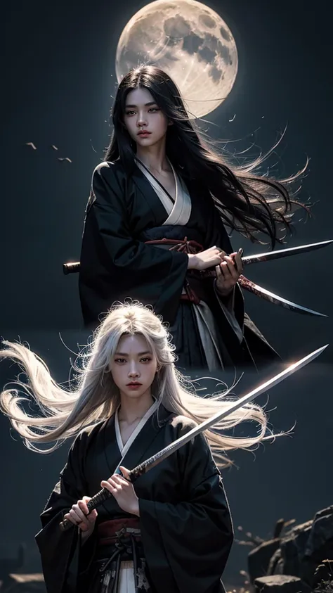 samurai　Men of strange age　Long white hair　Dark atmosphere　return blood　Look down a little　The sword is very long　Her hair is fluttering　I can see the moon　high quality　Old black kimono　Very beautiful down to the last detail