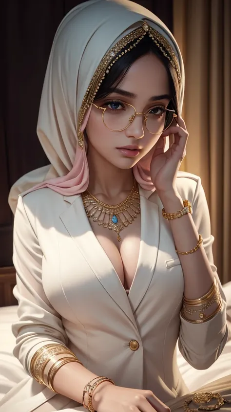 a beautiful hijabi glasses girl, 17 years old, white skin, detailed face, expressive eyes, luscious pink lips, shy expression, slender and voluptuous figure, wearing a sexy white blazer, golden bangles, bracelets, necklaces, swiss golden watch, slipped dow...