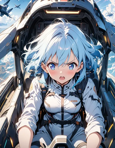 anime、Light blue hair、Near future、In the cockpit、In combat