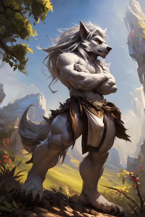 ultra-detailed, masterpiece, masterwork, high quality, best quality, hdr, posted on e621, (by darkgem), (nature), nsfw, male, solo, chibi, (white little body werewolf), werewolf, (long silver hair, yellow eyes, white body, cross your arms), standing, dynam...