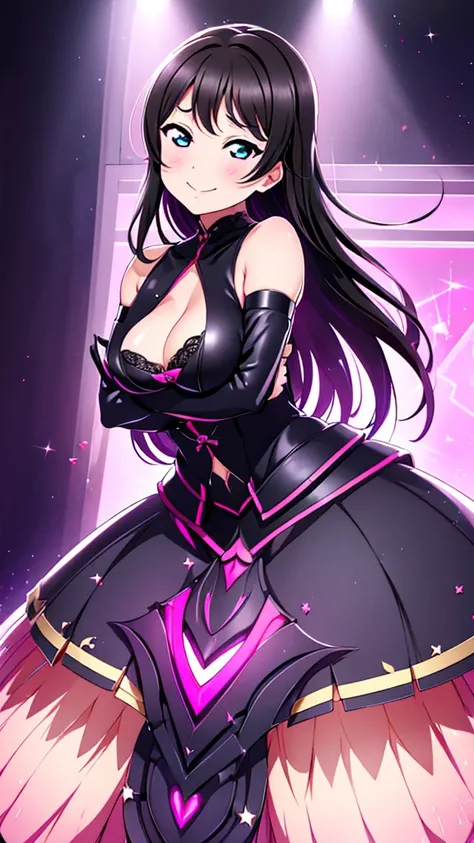 night、lovelive　Kurosawa Diamond、Black Background、Evil background、Hotel Bedroom、Sensual pink light、A shiny black rubber suit that wraps around the body、tall、Upper Body、adult、Black long gloves、Big Breasts、Black Hair、Upper Body、Evil female warrior、Fantasy、Con...