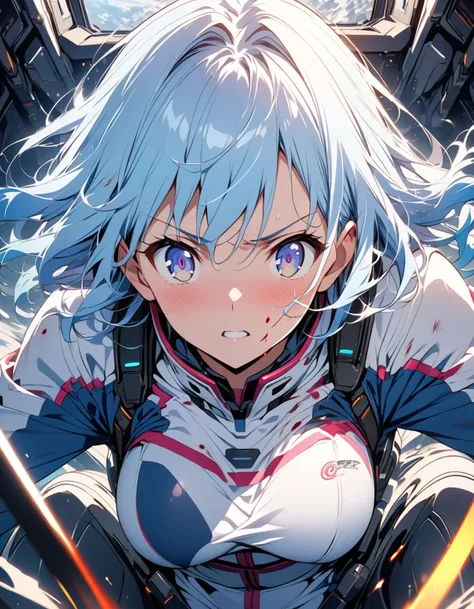 anime、Light blue hair、Near future、In the cockpit、In combat、Covered in blood、beautiful girl