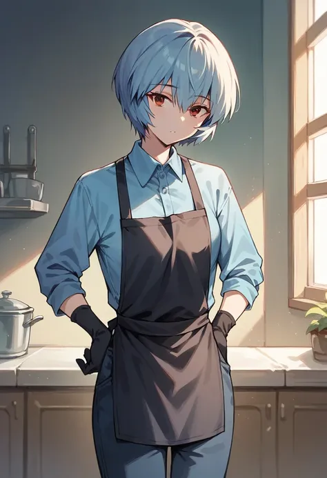 1girl, rei ayanami, ((blue half elbow gloves)), (light blue shirt), ((long sleeves)), (black apron), (pants), looking at viewer, standing, solo
