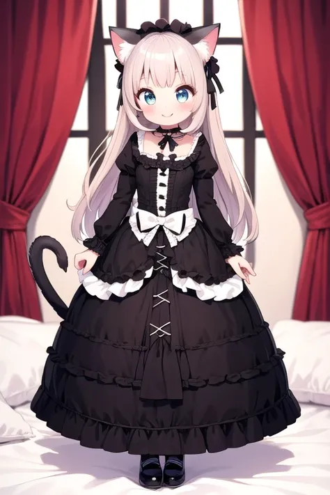 One girl,Cat girl,Animal ears,tail,View your viewers,A big smile,Teehee,Gothic Lolita,Lots of frills,Colorful cute room,Heart Items,Lots of ribbons,Are standing,whole body,