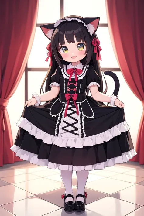 One girl,Cat girl,Animal ears,tail,View your viewers,A big smile,Teehee,Gothic Lolita,Lots of frills,Colorful cute room,Heart Items,Lots of ribbons,Are standing,whole body,