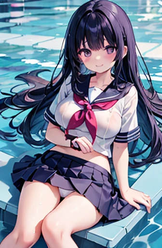 School pool, elementary school girl, 8 years old, big breasts, black hair, long hair, purple eyes, smiling, white short-sleeved sailor uniform on top, navy blue miniskirt on bottom, white panties （（I can see her panties）） Barefoot in the school pool Lying ...