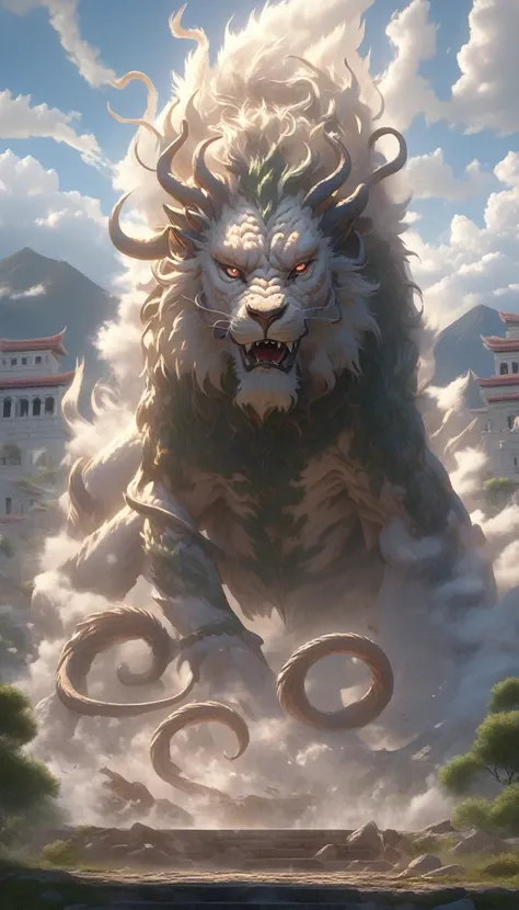 Create a digital artwork that depicts the fearsome Chimera in an ancient Greek setting. The Chimera should be shown in a dynamic and menacing pose, showcasing its hybrid nature. The creature should have the body and head of a lion, a goats head emerging fr...