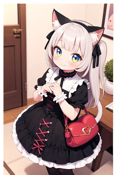 One girl,Cat girl,Animal ears,Fluffy tail,Approaching the viewer and looking up,A big smile,Meatball Handbag,Teehee,Gothic Lolita,Lots of frills,Colorful cute room,Heart Items,Lots of ribbons,Are standing,whole body,