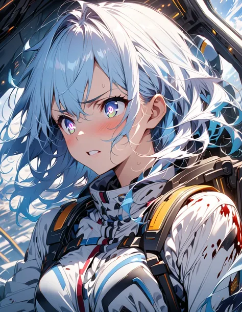 anime、Light blue hair、Near future、In the cockpit、In combat、Covered in blood、die、Tattered、Glassy Eyes、beautiful girl