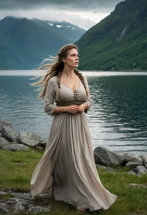 4K quality, ultra-high definition realism, busty MILF Viking Queen, wearing a plain beige long dress made of soft fabric that clings tightly to the skin, slim with large breasts, green eyes and long eyelashes, brunet braided and tied up, a beautiful mature...