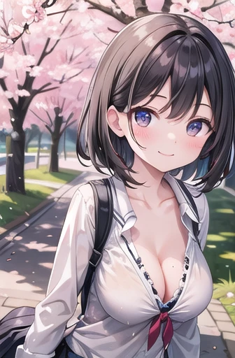 (masterpiece), School, cherry blossoms, Outdoor, One girl, Seraphim, Medium Hair, Black Hair, smile, Large Breasts, Particles of light, Speckled sunlight