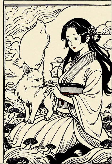 Edo period Ukiyo-e style,Line art,animal,woman