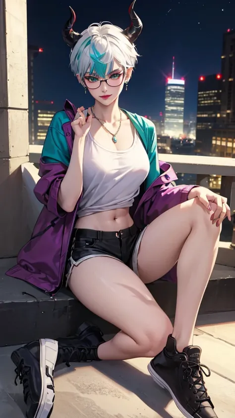 8k, masterpiece, best quality, highly detailed, 1 girl, tiefling, warlock, pixie cut, multicolored hair, very short straight hair green highlight hair on white hair, strippled hair, wearing glasses, round glasses, sexy, earrings, navel piercing, red eyesha...