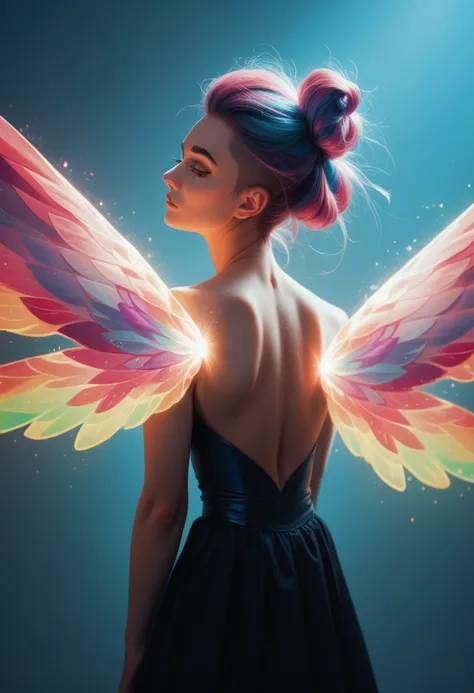 Create a mesmerizing portrait of a young cyberpunk woman exuding ethereal beauty, Colorful angelic wings emerging from her shoulder blades, capture her fierce yet delicate essence. Show intricate details of her electrifying style and vibrant personality.