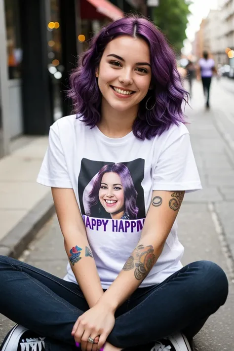 Street photography of young woman with purple hair, smile, be happy, cute t-shirt, tattoo on her arm, Sitting in a 50&#39;s diner