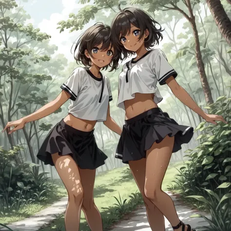 14-year-old girl、（（Dark Skin））、Brown skin、Happiness、with their eyes shining brightly、cute、Black Diamond、Long legs、Belly button exposed、mini skirt、Wearing sandals、Dense forest、Plenty of sweat、Pushing through the trees、Shyness、Lumberjack&#39;s axe、logging、Ha...