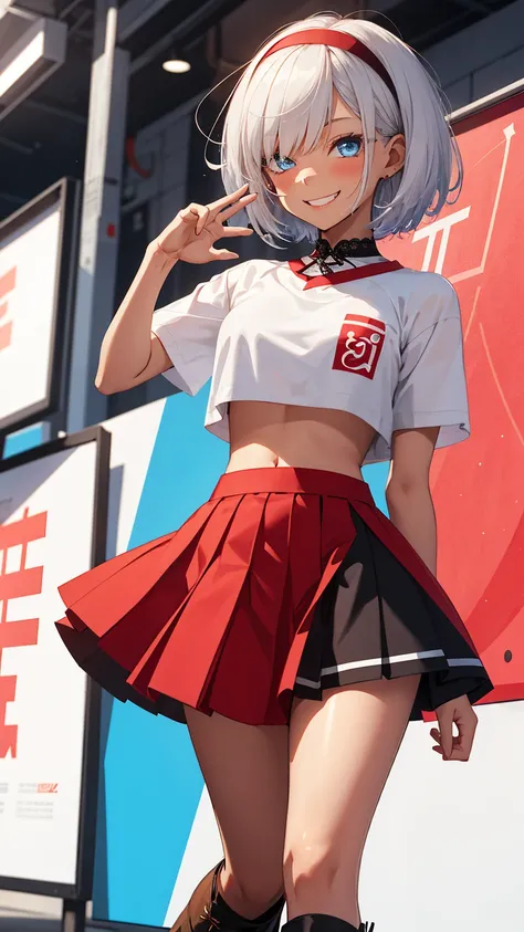 ((Girl standing next to a large white sign)), ((Close-up of face)), 1 Girl、Beautiful silver hair、((((Very short hair))))、Blue eyes、(hair band)、((Blunt bangs)), small breasts、22 years old, (tsurime), Tight waist、happy smile、(((Winking))), Natural lighting、V...