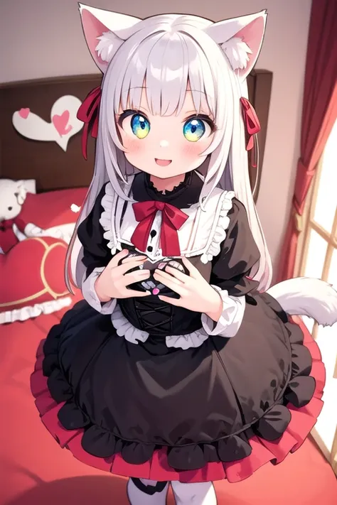 One girl,Cat girl,Animal ears,tail,Embrace the viewer and look up,A big smile,Your eyes are sparkling,Gothic Lolita,Lots of frills,Colorful cute room,Heart Items,Lots of ribbons,Are standing,whole body,Hearts are flying everywhere