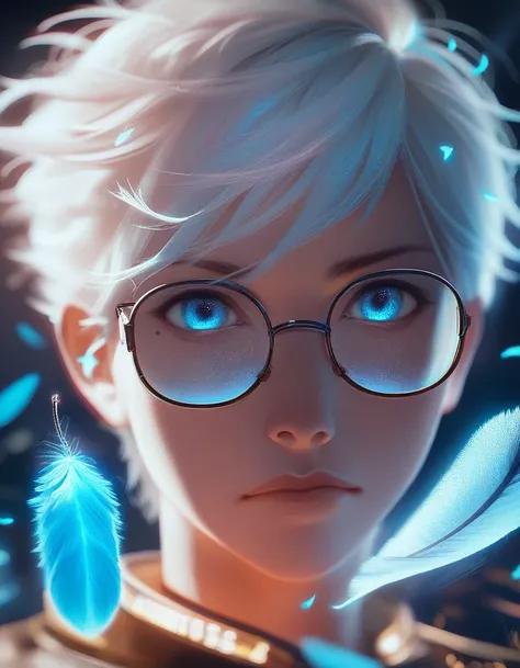 (score_9, score_8_up, score_7_up), zPDXL, 1 boy, alone, looking at viewer, simple warm colored background, neon blue eyes, close-up, short hair, white hair, broken glasses, lenses, neon blue feathers falling, serious look, determination, dark aura, front v...