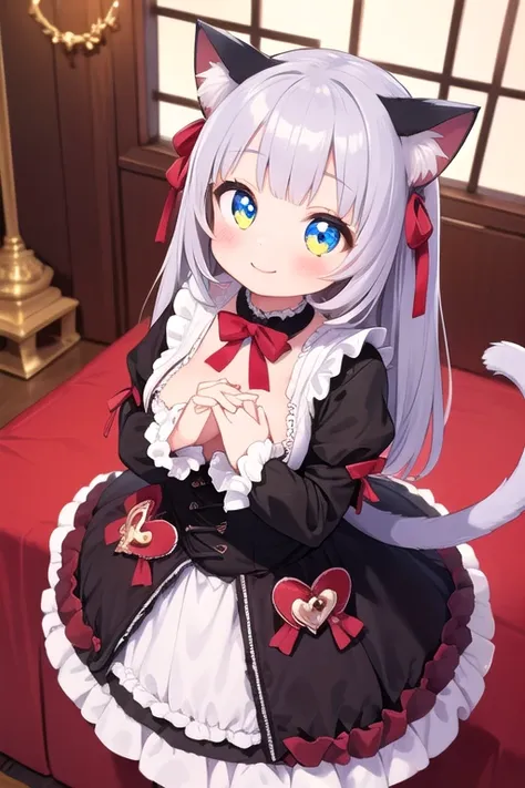 One girl,Cat girl,Animal ears,tail,Embrace the viewer and look up,Get closer,A big smile,Your eyes are sparkling,Gothic Lolita,Lots of frills,Colorful cute room,Heart Items,Lots of ribbons,Are standing,whole body,Hearts are flying everywhere