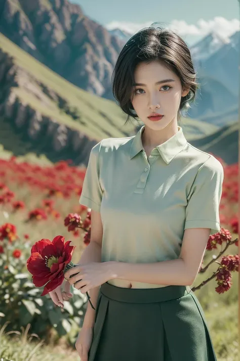 (((best quality))),(((ultra detailed))),(((masterpiece))),illustration,((1 beautiful girl,tomboy,solo)),(short black hair:1.3),((slim,thin)),((small breasts,thin)), vigorous, confident, (light green collared short-sleeved shirt:1.3), (dark green skirt:1.2)...