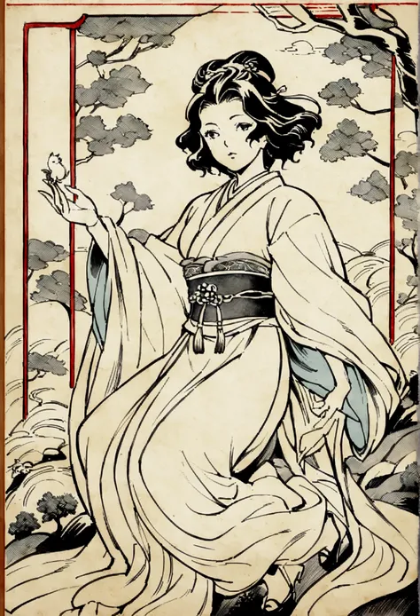 Edo period Ukiyo-e style,Line art,animal,woman