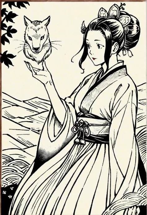 Edo period Ukiyo-e style,Line art,animal,woman