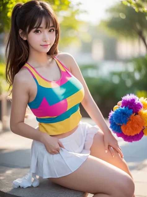 masterpiece, Highest quality, Very detailed, High resolution, (Realistic, photoRealistic:1.37), Excellent anatomy, One beautiful woman, 18-year-old, Height: 152cm, Colorful cheerleader, (Holding large colorful pom-poms in both hands:1.4), A small smile, ch...