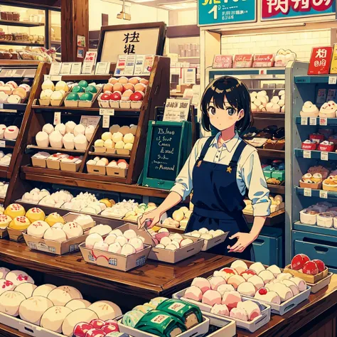 a shopping counter, a girl stands behind the counter, holding a mochi cake in her hand