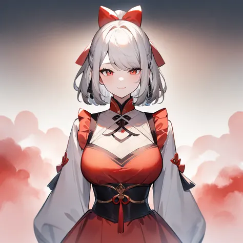 1girl,独奏,White hair,Blue and red, swept bangs,straight-on,medium hair,big breast,masterpiece, best quality,very aesthetic,absurdres,(hair bow),(Low brightness),(frill dress),(red),(light smile),Watercolor