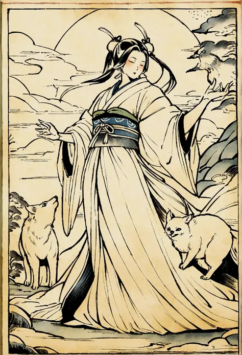 Edo period Ukiyo-e style,Line art,animal,woman