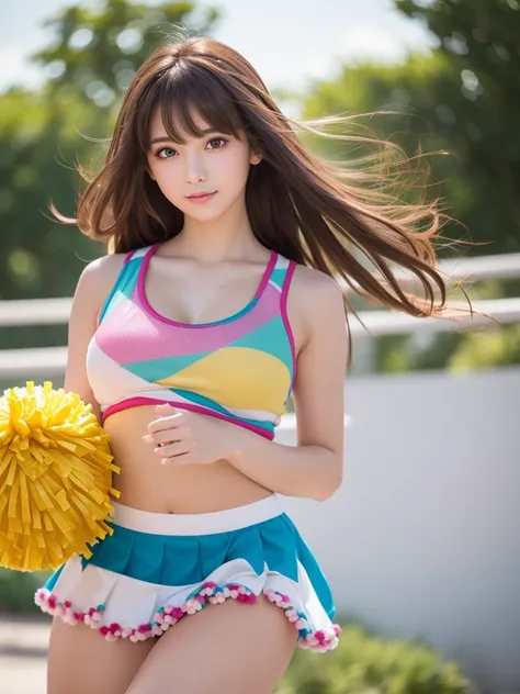 masterpiece, Highest quality, Very detailed, High resolution, (Realistic, photoRealistic:1.37), Excellent anatomy, One beautiful woman, 18-year-old, Height: 152cm, Colorful cheerleader, (Holding large colorful pom-poms in both hands:1.4), A small smile, ch...