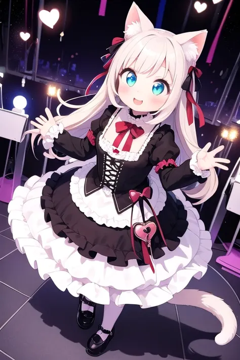 One girl,Cat girl,Animal ears,tail,Looking up at the viewer,Embrace the audience,A big smile,Your eyes are sparkling,Gothic Lolita,Lots of frills,Colorful cute room,Heart Items,Lots of ribbons,Are standing,whole body,Hearts are flying everywhere