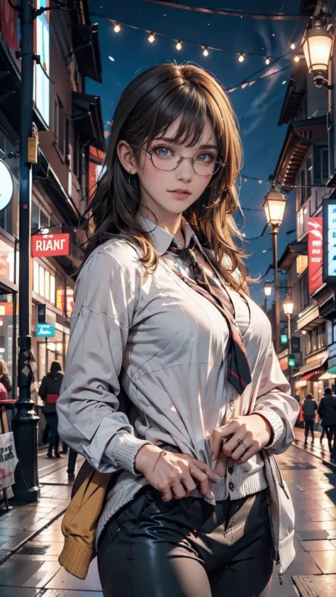 Highest quality, masterpiece, Cinema Lighting, Complex, cinematic detailed Realistic background, Detailed face, whole body, Small breasts, Realistic, Clear lines, , , A girl jogging, Cityscape, night, tie shirt, View your viewers, tattoo, Model pose, Open ...