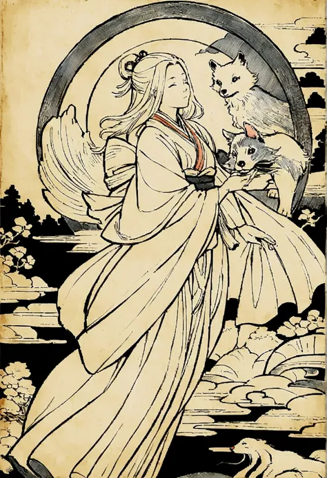 Edo period Ukiyo-e style,Line art,animal,woman