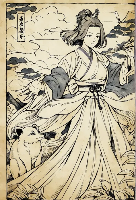 Edo period Ukiyo-e style,Line art,animal,woman