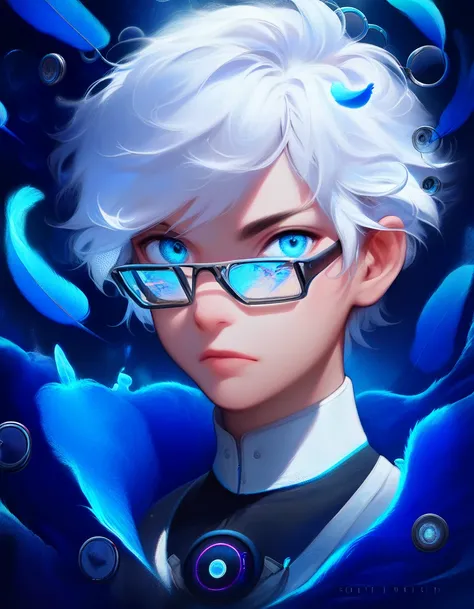 (score_9, score_8_up, score_7_up), zPDXL, 1 boy, alone, looking at viewer, simple warm colored background, neon blue eyes, close-up, short hair, white hair, broken glasses, lenses, neon blue feathers falling, serious look, determination, dark aura, front v...