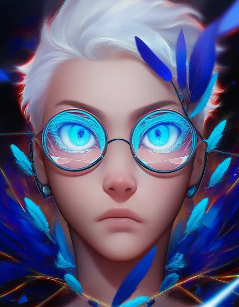 (score_9, score_8_up, score_7_up), zPDXL, 1 boy, alone, looking at viewer, simple warm colored background, neon blue eyes, close-up, short hair, white hair, broken glasses, lenses, neon blue feathers falling, serious look, determination, dark aura, front v...