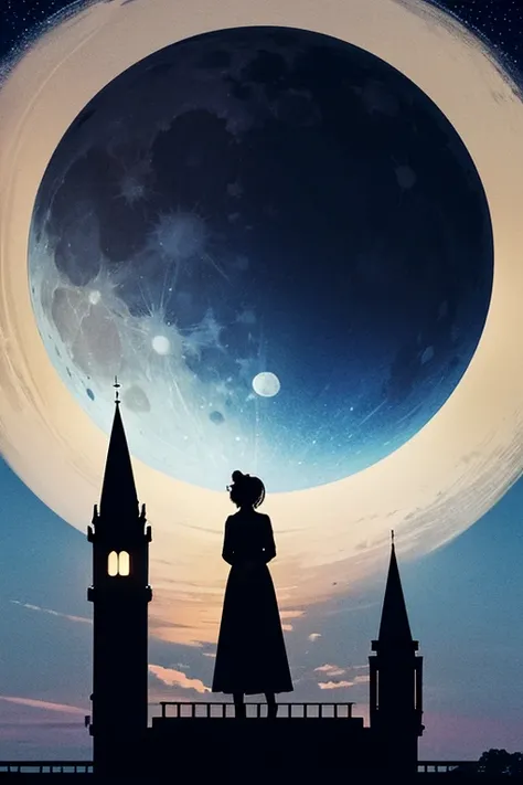 Highest quality,Big moon and shadow,A silhouette of a person can be seen against the backdrop of a large moon.,There is one full moon,There is a mood,Beautiful scenery,Starry Sky